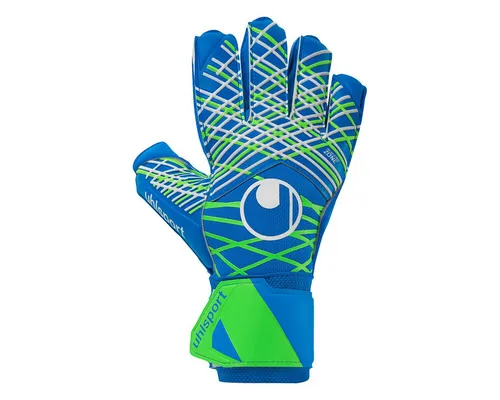 uhlsport Aquasoft Fußball Torwarthandschuhe 8, blau/grün - Torwarthandschuhe mit AQUASOFT-Haftschaum für herausragende Griffigkeit bei Nässe und atmungsaktivem Material für hohen Tragekomfort.
