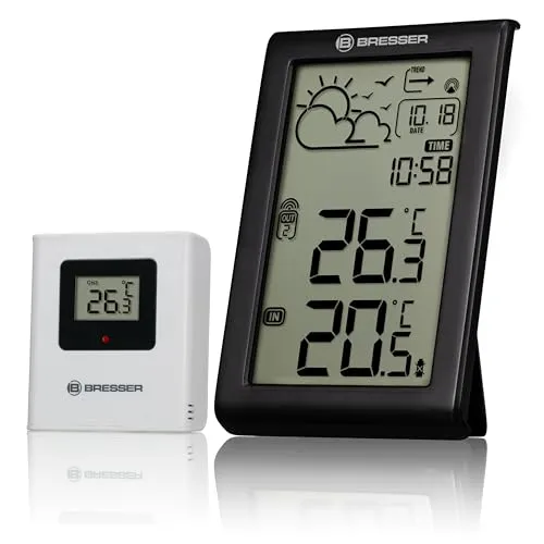 Bresser Wetterstation Funk mit Außensensor Meteo Temp W - Wetterstation mit präziser Innen- und Außentemperaturmessung, Frostwarnung und großem Display für optimale Lesbarkeit. Ideal für die Wettervorhersage und Planung.