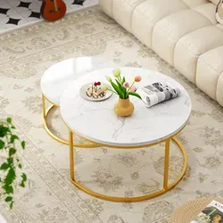 Nesting Tische Mdf Weiß-gold 2-teilig, Marmoroptik, Metallgestell, 80 Cm