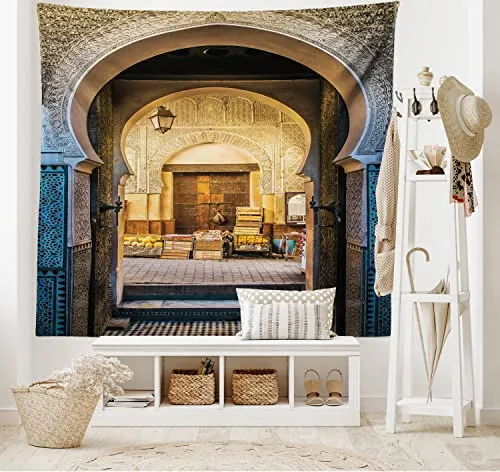 ABAKUHAUS marokkanisch Wandteppich und Tagesdecke Altes marokkanisches Motivaus Weiches Mikrofaser Stoff 230 x 140 cm Wanddeko behang,Beige Blau