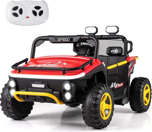 COSTWAY Elektroauto für Kinder 2-Sitzer, 24V Kinderauto elektrisch mit Hupe, Musik, Licht, Fernbedienung, Stauraum&Ziehstab für Kinder 3+ Rot