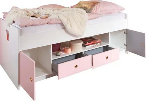 Jugendbett Cindy 90x200 cm - Weiß-Rosé Funktionsbett - Modernes Funktionsbett für Jugendliche mit 2 Schubladen und Stauraum, ideal für das Jugendzimmer. Made in Germany für höchste Qualität.