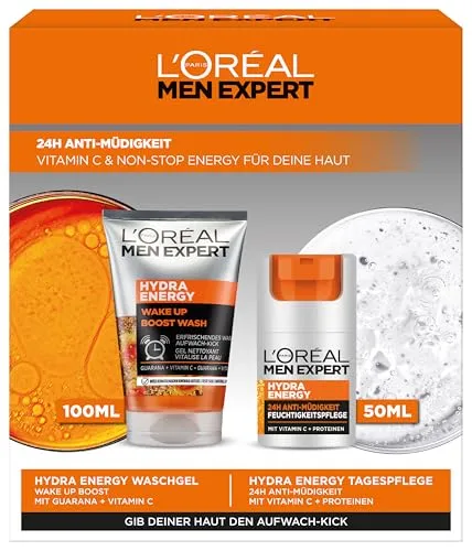 L'Oréal Men Expert Pflegeset gegen müde Haut für Männer, Geschenkset mit Waschgel und Gesichtscreme 24H Anti-Müdigkeit, Geschenke für Herren mit Vitamin C, Hydra Energy, 1 x 100 ml, 1 x 50 ml