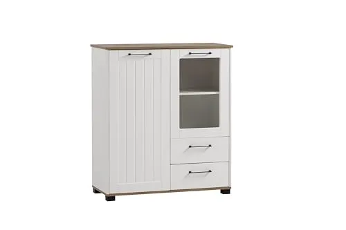 Schildmeyer Jelda Highboard 701893 - Hochschrank in matt weiß/Eiche Landhaus Dekor, 99,2 x 41 x 113,1 cm, mit 2 Türen, 2 Schubkästen und höhenverstellbaren Einlegeböden für flexible Stauraumlösungen.