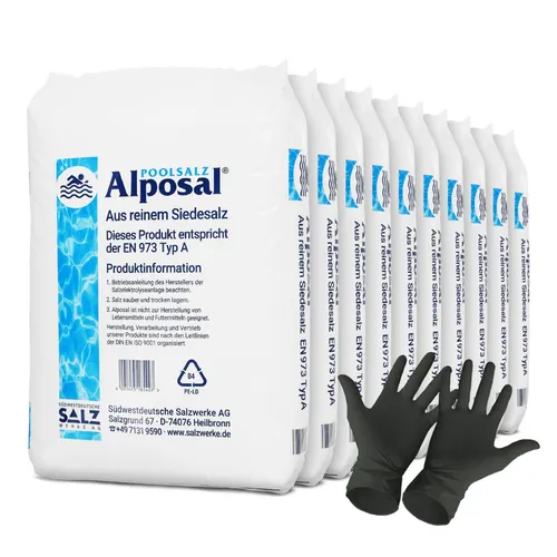 Alposal Poolsalz 250kg - Hochreines Schwimmbadsalz für Chlorinatoren - Chlorersatz mit 99,9 % reinem NaCl, ideal für Salzelektrolyse. Hautfreundlich und schnell löslich, inkl. 1 Paar ARNOMED Einweghandschuhe.