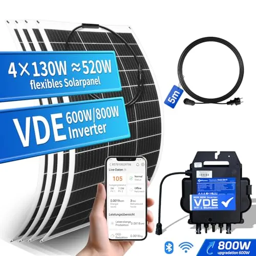 ECO-WORTHY Balkonkraftwerk 520W/600W,0% VAT balkonkraftwerk komplett steckdose mit 4x130W Solarpanel Flexibel und 600W/800W APsystems Wechselrichter mit VDE Relais