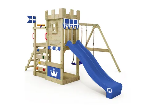 Wickey Spielturm RoyalFlyer – Abenteuer-Spielgerät mit Rutsche und Schaukel - Kreativer Kletterturm für den Garten mit Wellenrutsche, 2 Schaukelsitzen und integriertem Sandkasten. Robuste Bauweise und einfache Montage für endlosen Spielspaß im Freien.