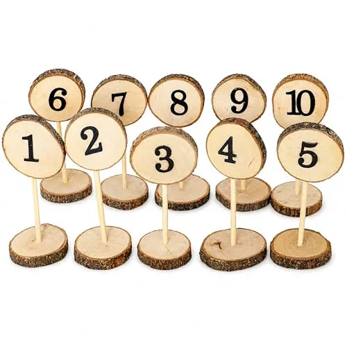 Tisch Nummernhalter Holz Hochzeit Geburtstag Vintage Tischzahlen 1–10 Tisch-Deko in Baumscheiben Optik