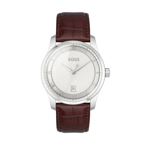 BOSS Quarzuhr PRINCIPLE 1514114 - Elegante Herrenuhr mit braunem Lederarmband und Datumsanzeige, ideal für festliche Anlässe und den täglichen Gebrauch.
