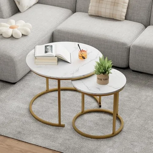 Beistelltisch Set Rund, Couchtisch 2er Set, Sofatische, Couchtisch aus Holz mit Metallrahmen, Living Room Table, Kaffeetisch, Wohnzimmertisch, Tischkombination fürs Wohnzimmer, Balkon, Weiß+Gold