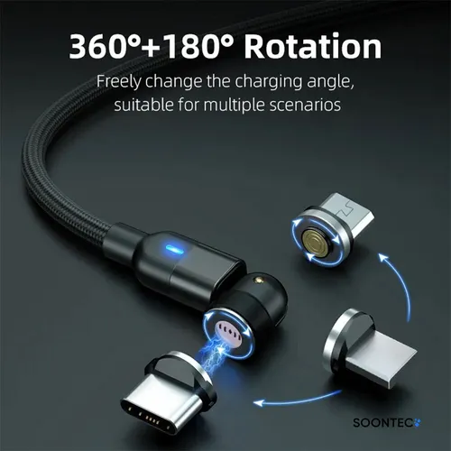 Magnet Ladekabel 3 Meter SOONTEC Magnetladekabel Datenkabel drehbar 360°&180° Micro USB/ USB-C/ Lightning 3,0A magnetisch (schwarz)