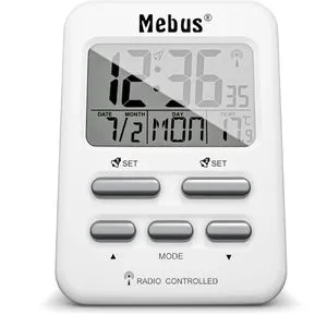 Mebus Wecker 25800, weiß, digital, Thermometer, Datumsanzeige, Funkuhr