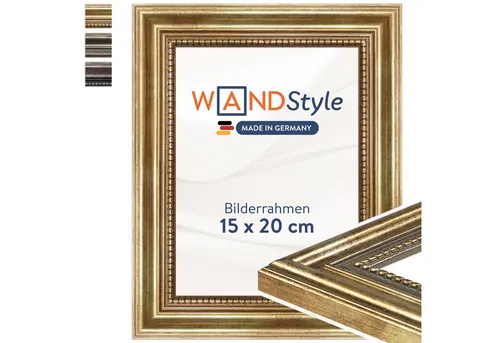 WANDStyle Bilderrahmen Gold 15x20 cm - Barock-Stil aus Holz - Wand- & Tischbilderrahmen aus Massivholz mit Echtglas. Antikes Design im Barock-Stil, ideal für Fotos im Format 15x20 cm. Made in Germany und perfekt für Erinnerungen.