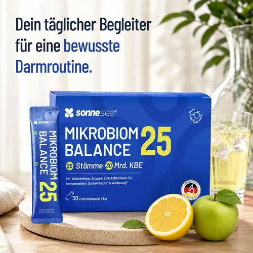 sonnesee Mikrobiom Balance 25 – Darmflora Pulver mit 25 Bakterienstämmen & 30 Milliarden KBE pro Tagesportion – Akazienfaser, Inulin, FOS & Enzyme – vegan, glutenfrei, laktosefrei – 30 Beutel