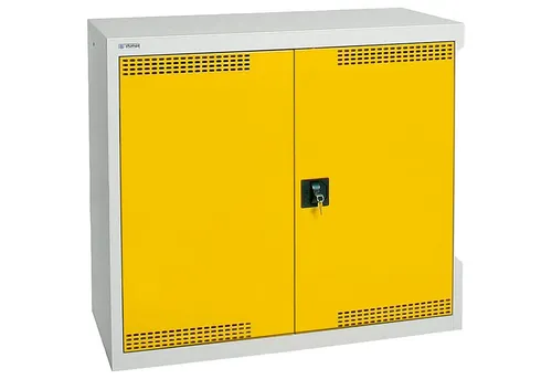 Umweltschrank H900xB1000xT500mm lichtgrau/signalgelb mit 2 Wannen - Robuster Umweltschrank aus pulverbeschichtetem Stahlblech, ideal für die sichere Lagerung von Chemikalien. Höhenverstellbare Wannenböden und Zwangsbelüftung sorgen für optimale Nutzung und Sicherheit.