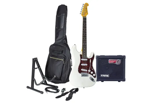J & D E-Gitarre ST Vintage Ash Satin White Set mit Verstärker und Zubehör