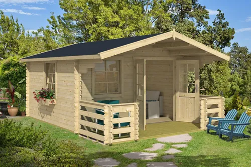 Gartenhaus Holz 28mm NORDIC 6 mit Terrasse und Vordach - Gartenhaus aus unbehandelter nordischer Fichte, 28 mm Wandstärke, ideal für Gartenliebhaber und als gemütlicher Rückzugsort.