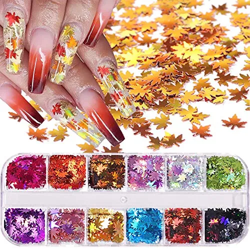 Herbst Nägel Glitzer Pailletten, 12 Farbe 3D Holographic Fall Glitzer für Nägel, Maple Leaf Gold Nagel Sequins Stickers Nagel Deko Herbst Nägel Glitzer