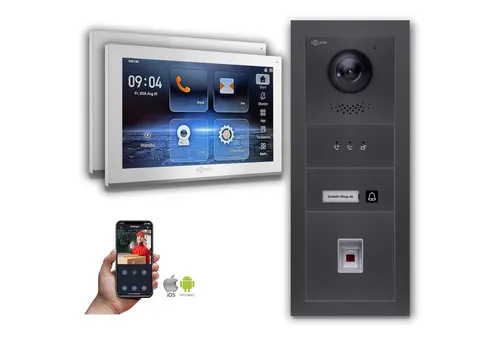 Goliath IP Video-Türsprechanlage mit 10-Zoll Monitor und Fingerprint - Moderne IP-Video-Türsprechanlage für Einfamilienhäuser: 10-Zoll Touchscreen, Fingerabdruck-Scanner und hochwertige HD-Kamera. Bietet sichere Identifikation von Besuchern und Komfort durch mobile App-Steuerung.