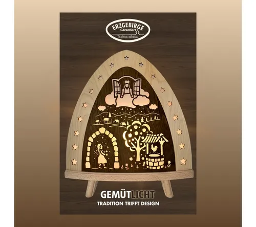 weigla - Dekoleuchte original Erzgebirge I Motiv Frau Holle - Hochwertige Holzkunst aus dem Erzgebirge, ideal für stimmungsvolle Fensterdekoration. Mit moderner LED-Technik sorgt diese Lampe für ein gemütliches Ambiente und verleiht jedem Raum eine märchenhafte Note.