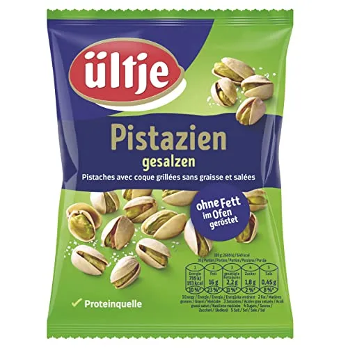 ültje Pistazien 150g - Ohne Fett, geröstet & gesalzen - Pistazien in Schale, fettfrei im Ofen geröstet und perfekt gesalzen. Ideal zum Teilen, Snacken oder für besondere Anlässe. Eine köstliche Eisenquelle!