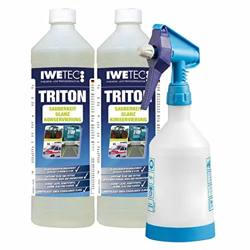 IWETEC Fahrzeugreiniger Konzentrat Triton 2x 1 Liter + Sprühflasche - Autopflege & Motorradpflege - Hochwirksames Reinigungskonzentrat für Fahrzeuge und Werkstattböden, verdünnbar 1:40, hinterlässt Schutz- und Glanzfilm.