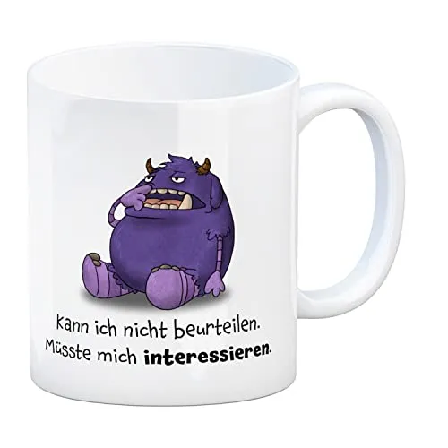 Freches Monster in lila Kaffeebecher mit lustigem Spruch Kann ich nicht beurteilen. Müsste mich interessieren. Tasse Kollegen Freunde und Kinder im Büro oder Zuhause