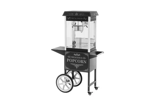 Royal Catering Popcornmaschine mit Wagen - Retro-Design für 5-6 kg/h - Professionelle Popcornmaschine im Retro-Design, ideal für Snackbars und Events. Mit 1600 W Leistung, Teflonbeschichtung und mobilem Wagen für bis zu 6 kg Popcorn pro Stunde.