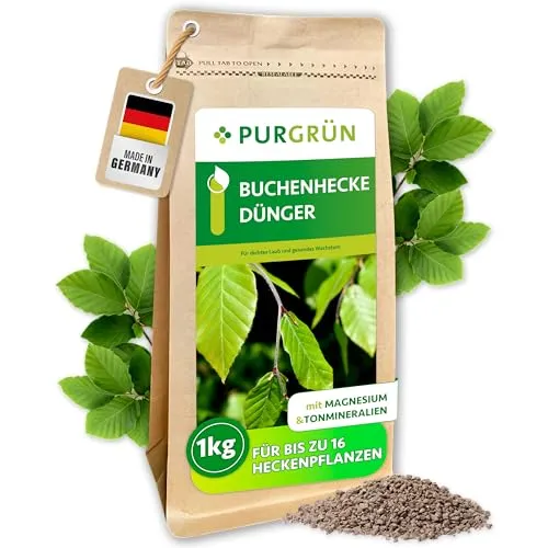 Purgrün Buchenhecke Dünger, NPK 5+4+6, 1 kg - Pflanzendünger für gesunde Buchenhecken – Extra Kalium und Magnesium fördern robustes Wachstum und lebendig grüne Blätter. Ideal für die Nährstoffversorgung und Bodenverbesserung.