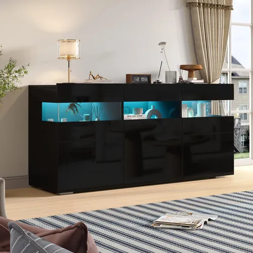 MODFU Sideboard mit LED-Vitrine, 140 cm, Hochglanz Schwarz
