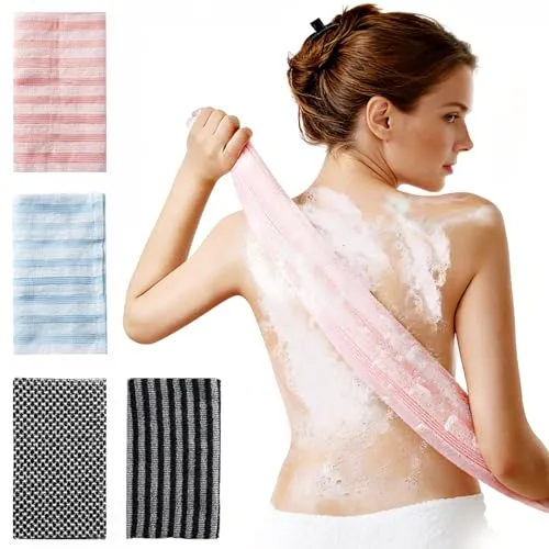 SUPRBIRD 4 Stück Japanisches Peeling-Handtuch,Tiefenreinigende Exfoliating Waschlappen,Extra-Langer Rückenwaschlappen-Schrubber für Frauen und Männer,Doppelseitigem Design,Geeignet für Bad und Sauna