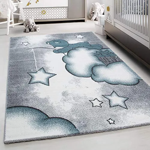Teppium Kinderteppich für Jungen und Mädchen Bär Muster 80 x 150 cm Blau - Kurzflor Waschbarer Teppich Extra Weich und Antiallergen - Teppich für Kinderzimmer, Babyzimmer und Spielzimmer