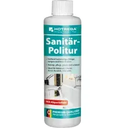 HOTREGA® Sanitärpolitur, 250 ml - Kraftvolle Spezialpolitur für alle Oberflächen - Sonstige Kategorie, entfernt hartnäckige Verschmutzungen und erzeugt brillanten Glanz auf Metall, Kunststoff, Keramik und Glas.