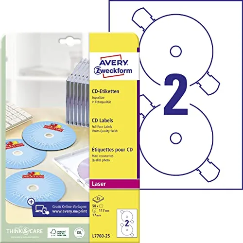 AVERY Zweckform CD-Etiketten L7760-25 weiß 50 - CD- & DVD-Beschriftungen, mit praktischen Haltelaschen für einfache Anwendung und perfekte Beschriftung.