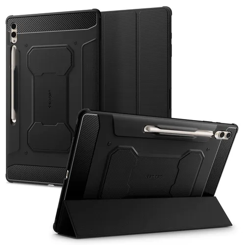Spigen Rugged Armor Pro Hülle für Samsung Galaxy Tab S10/S9/S8 Ultra - Schwarz - Tablet Hülle mit stylischem Karbon-Akzent-Design, integrierten Ständer und patentierter Air Cushion Technologie für optimalen Schutz und Komfort.