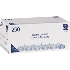Gies-Kerzen Teelichter 205-479000-10, weiß, 250 Stück - Hochwertige Teelichter in RAL-Qualität mit 8 Stunden Brenndauer. Ideal für Gastronomie und Events. Made in Germany, für ein sauberes Abbrennen.