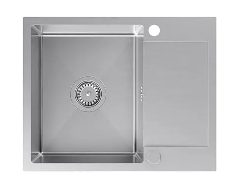 VBChome Einbauspüle Edelstahl 60x48 cm – Gebürstet, Großes Becken mit Abtropffläche, 2 Hahnlöcher, Siphon inklusive – Küchenspüle für 45 cm Unterschrank, Spülbecken für Küche