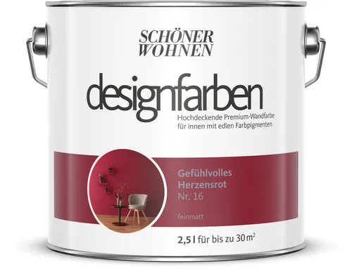 SCHÖNER WOHNEN Designfarbe Herzensrot 2,5 l - Farbe für Innenräume mit hoher Deckkraft und spritzerabweisender Eigenschaft. Ideal für kreative Projekte in jedem Zimmer.