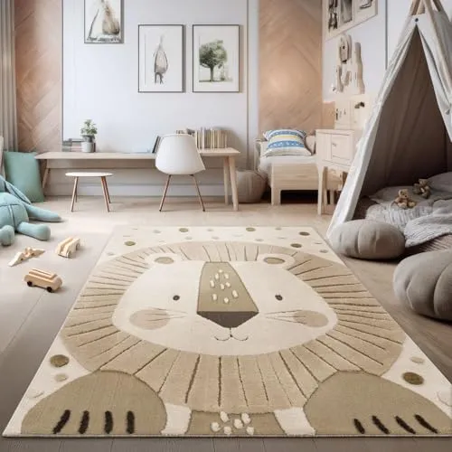 TT Home Kinderzimmer Teppich Spielteppich Hoch-Tief-Effekt Motiv Löwe Weich Naturtöne Minimalistischer Stil Pflegeleicht Modern, Größe:120x160 cm