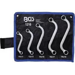 BGS-technic Ringschlüssel Set 1216, S-Form, 5-teilig, 10-19mm - 5-teiliges Ringschlüssel Set in S-Form, kalt geschmiedet aus Chrom-Vanadium-Stahl, ideal für präzise Arbeiten. Lieferung inkl. praktischer Rolltasche.