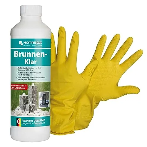 HOTREGA Brunnen-Klar 500ml | Brunnenreiniger gegen Kalk Algen & Bakterien | Für Innen- und Außenbereich, Zier- und Gartenanlagen | inkl. Handschuhe