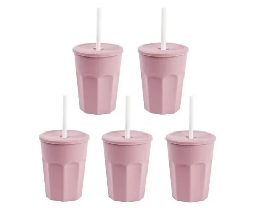 Engelland Becher Wiederverwendbare Plastikbecher mit Deckel und Strohhalm, 0,25 Liter, 5-tlg., Kunststoff, BPA-frei, spülmaschinengeeignet, lebensmittelecht, Temperaturbeständig