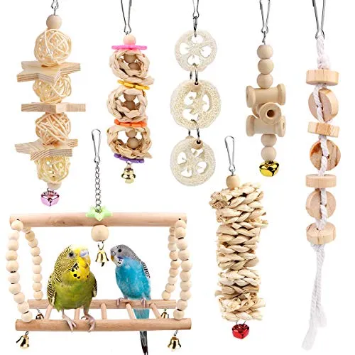Vegena Vogelspielzeug, Vögel Holzleiter Spielzeug mit Landeplatz Vogelkäfig Zubehör für Wellensittich Papageien Graupapageien Nymphensittiche Finken Sittiche Kakadus Aras (Mehrfarbig (7stk.))
