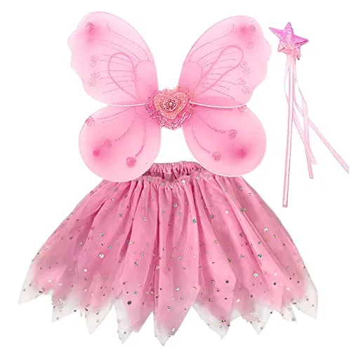 EQLEF Fee Kostüm Mädchen, Prinzessin, Fee Schmetterlingsflügel für Mädchen Tutu Flügel festgelegt - Set von 3 (Rosa)