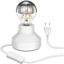 ledscom.de E27 Porzellan Tischlampe TIX, rund mit Stecker und Schalter, weiß, 90mm inkl. E27 Lampe 667lm warmweiß