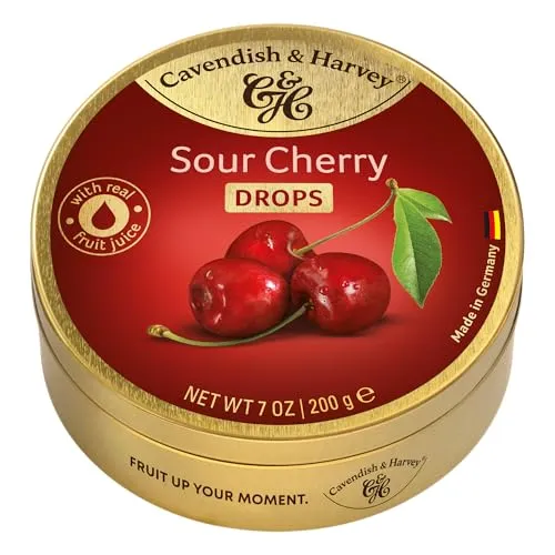 Cavendish & Harvey Sour Cherry Drops 200g Dose | Kirsche | Fruchtige Hartkaramelle Bonbons | Mit echtem natürlichen Fruchtsaft | Vegan, Halal, Koscher | 1 x 200g