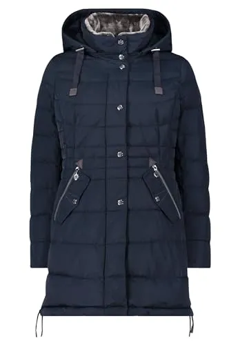 Gil Bret Damen Steppmantel mit Kunstfellkragen Dunkelblau - Leicht taillierte Jacke, 85 cm Gesamtlänge, abnehmbare Kapuze und praktische Reißverschlusstaschen für vielseitigen Stil