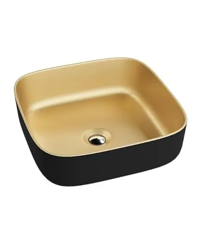 LAVITA Aufsatzwaschtisch Galera Mini Gold/Black Aufsatzwaschbecken Quadrat Waschbecken ohne Überlauf und Hahnloch Aus hochwertigem Porzellan Waschtisch Badkeramik Waschplatz 39x39x14 cm Schwarz/Gold