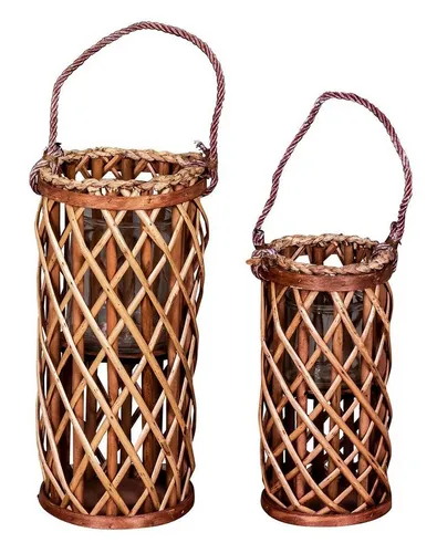 Levandeo® Kerzenlaterne 2er Set - stilvolle Windlichter für Garten und Zuhause - Kerzenhalter Set aus Weidengeflecht in Kupfer/Braun, ideal für stimmungsvolle Abende im Garten oder Wintergarten. Inklusive Glaseinsätzen für ein zauberhaftes Lichtspiel.