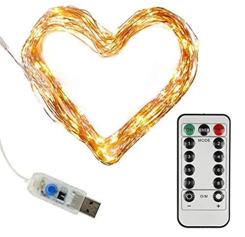 Clauss LED-Mini-Lichterkette mit USB-Anschluss und Fernbedienung, versch. Funktionen, 100 LEDs in warmweiß,10 m, Kupfer-Draht, Innen-Bereich, 5 Volt, Clauss10002